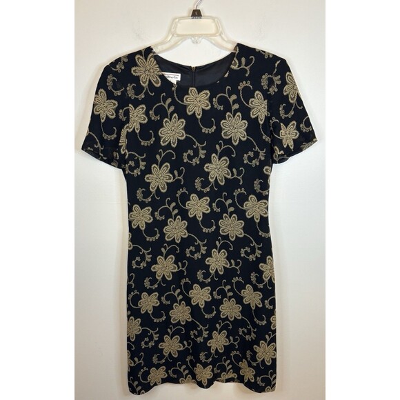 TALBOTS Vintage Floral Brocade Sheath Dress 6 Black Metallic Gold Jacquard Party - Picture 1 of 12